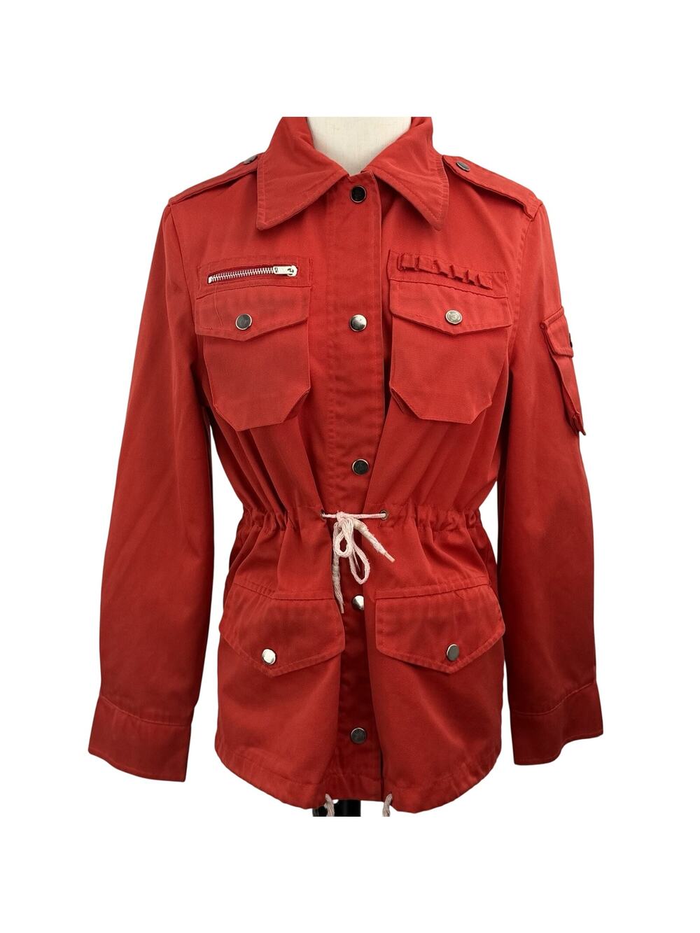 Vintage 70s Red Utility Jacket Small Cinch Waist Military Safari Field Coat